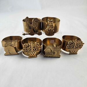 Vintage Brass Napkin Rings Set of 7 India Animal Floral Cottage Farmhouse Decor
